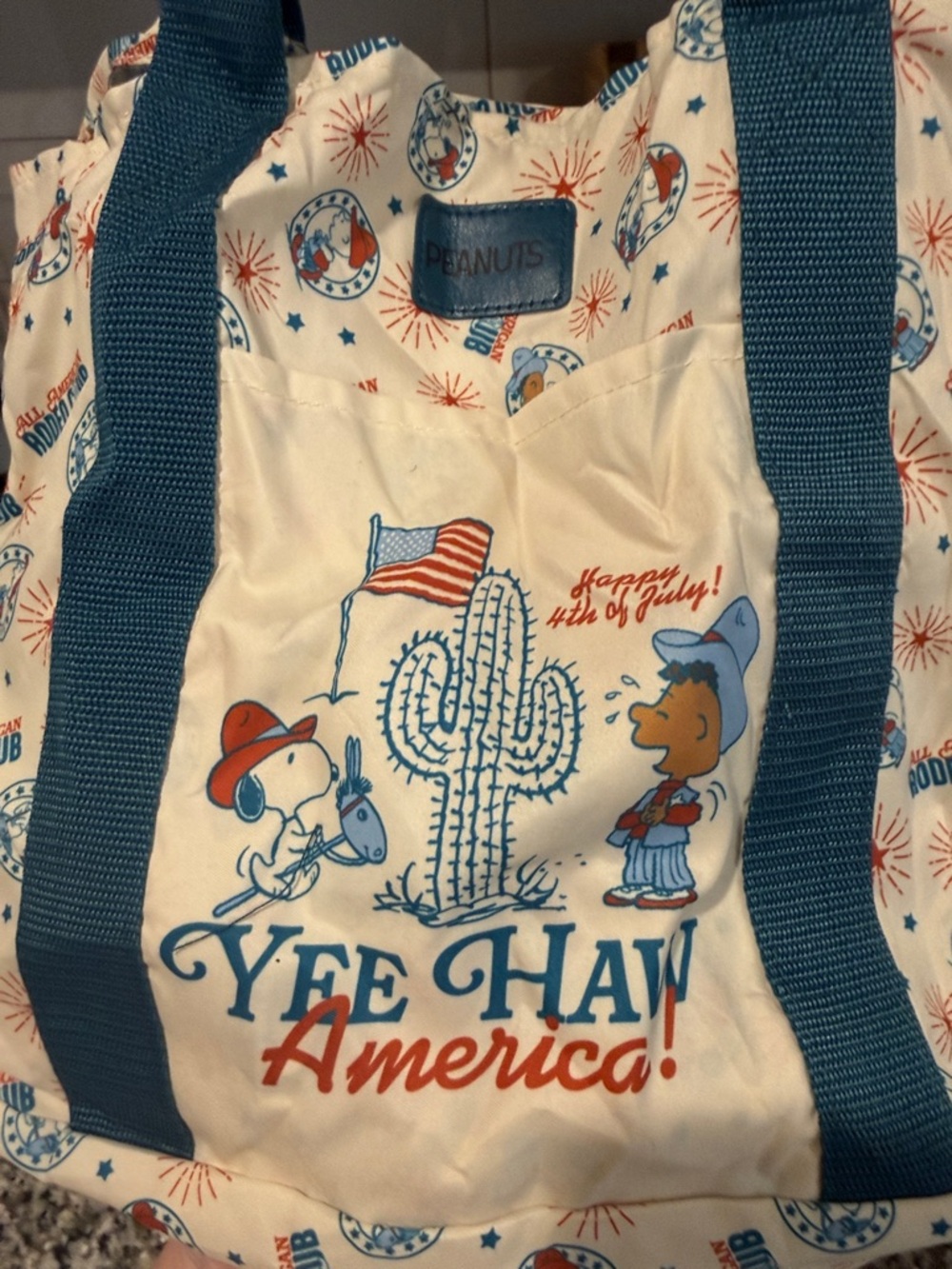Peanuts Packable Cream Tote with Red and Blue Rodeo Motif - Picture 5 of 7